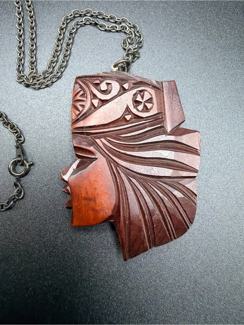 Vintage Wood Pendant Necklace Man and Woman #B84 Ainu inspired handcrafted